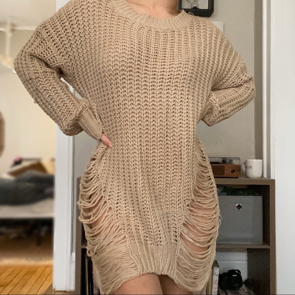 Light brown/tan distressed sweater dress